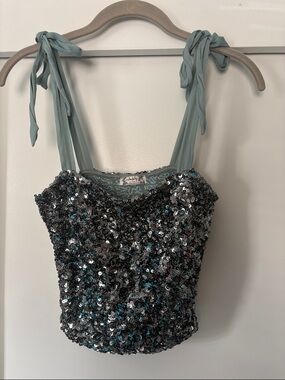 Free People Sequin Tie-Shoulder Camisole in Sage and Silver